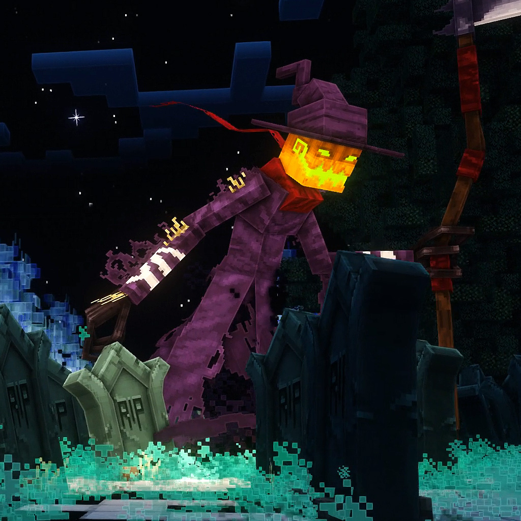 The Pumpkin King looming over graveyard stones at night.